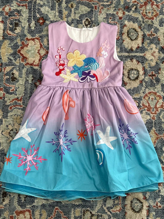 Mermaid Ombre Dress Girls 6Y Purple Teal Embroidered Sea Life EUC0