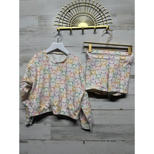 Happy Harlow 2-Piece Lounge Set Girls 8 Pastel Mickey Checkered EUC0