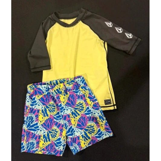 Volcom Blue Quail Swim Set Boys 4T Yellow Blue Butterfly Rash Guard Trunks GUC0