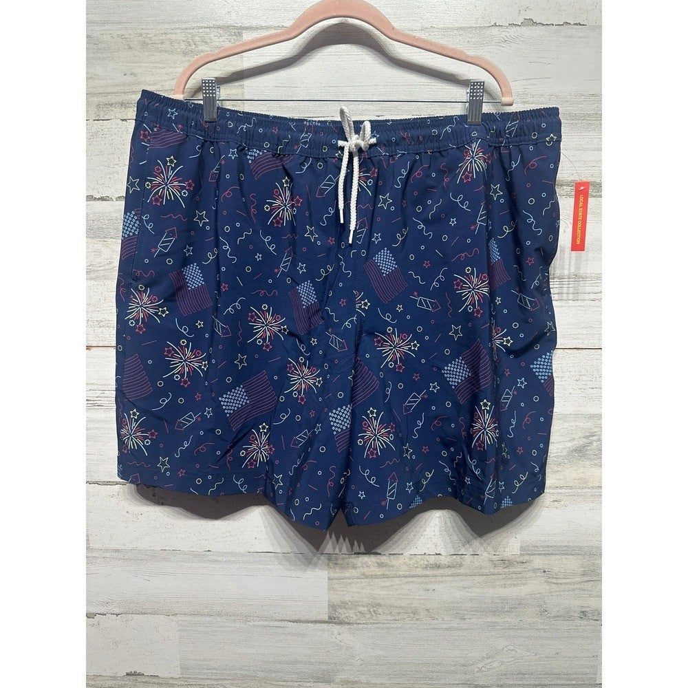 Magellan Outdoors Swim Trunks Mens XXL Navy Patriotic Fireworks Flags NWT0