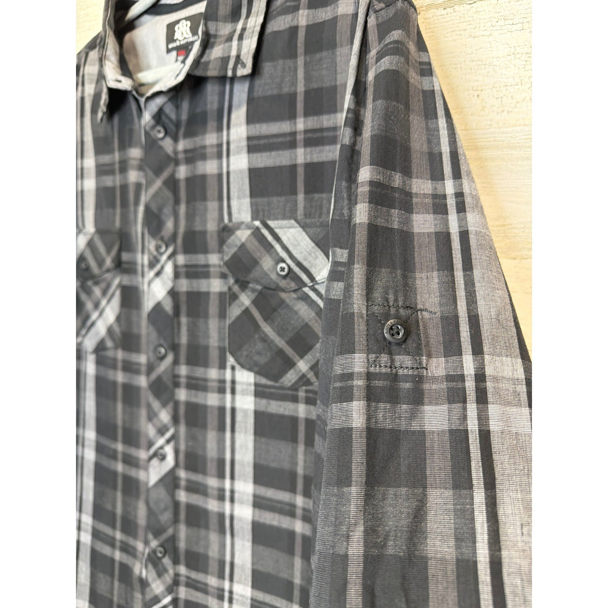 Rock and Republic Button Down Shirt Men XXL Grey Black Plaid Grunge Rocker EUC2