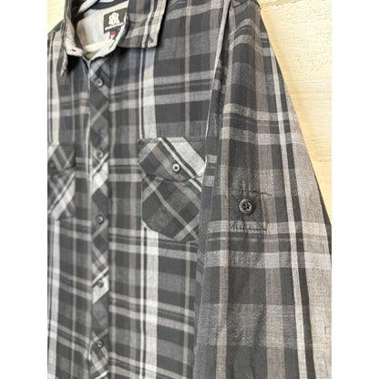 Rock and Republic Button Down Shirt Men XXL Grey Black Plaid Grunge Rocker EUC2