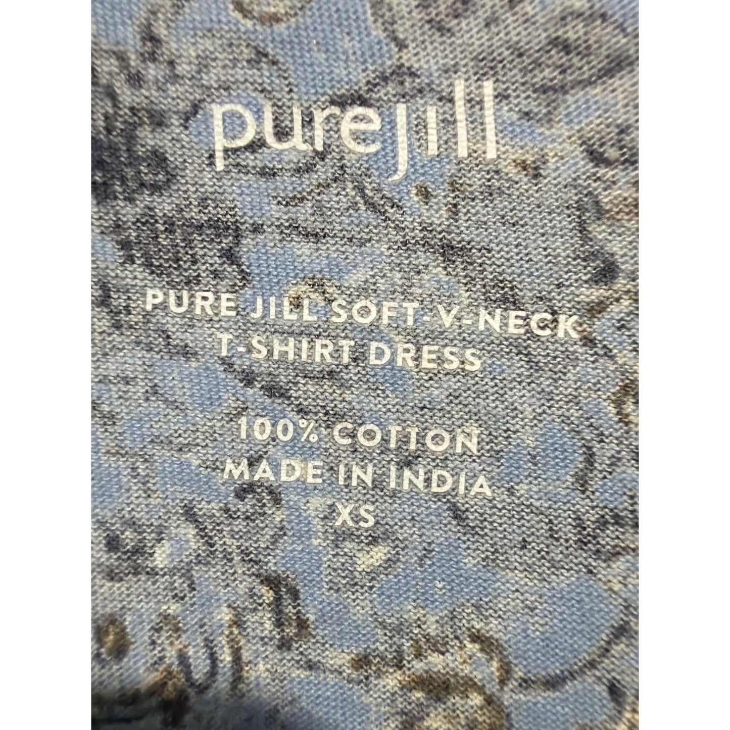 Pure Jill T-Shirt Dress Women XS Blue Floral V-Neck Cotton Lagenlook EUC2