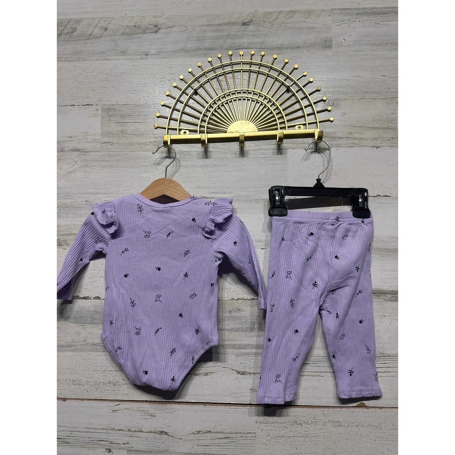 Floral Ribbed Bodysuit Leggings Set Girls 3-6M Purple Ruffle Shoulder NWT2