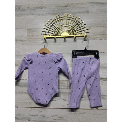 Floral Ribbed Bodysuit Leggings Set Girls 3-6M Purple Ruffle Shoulder NWT2