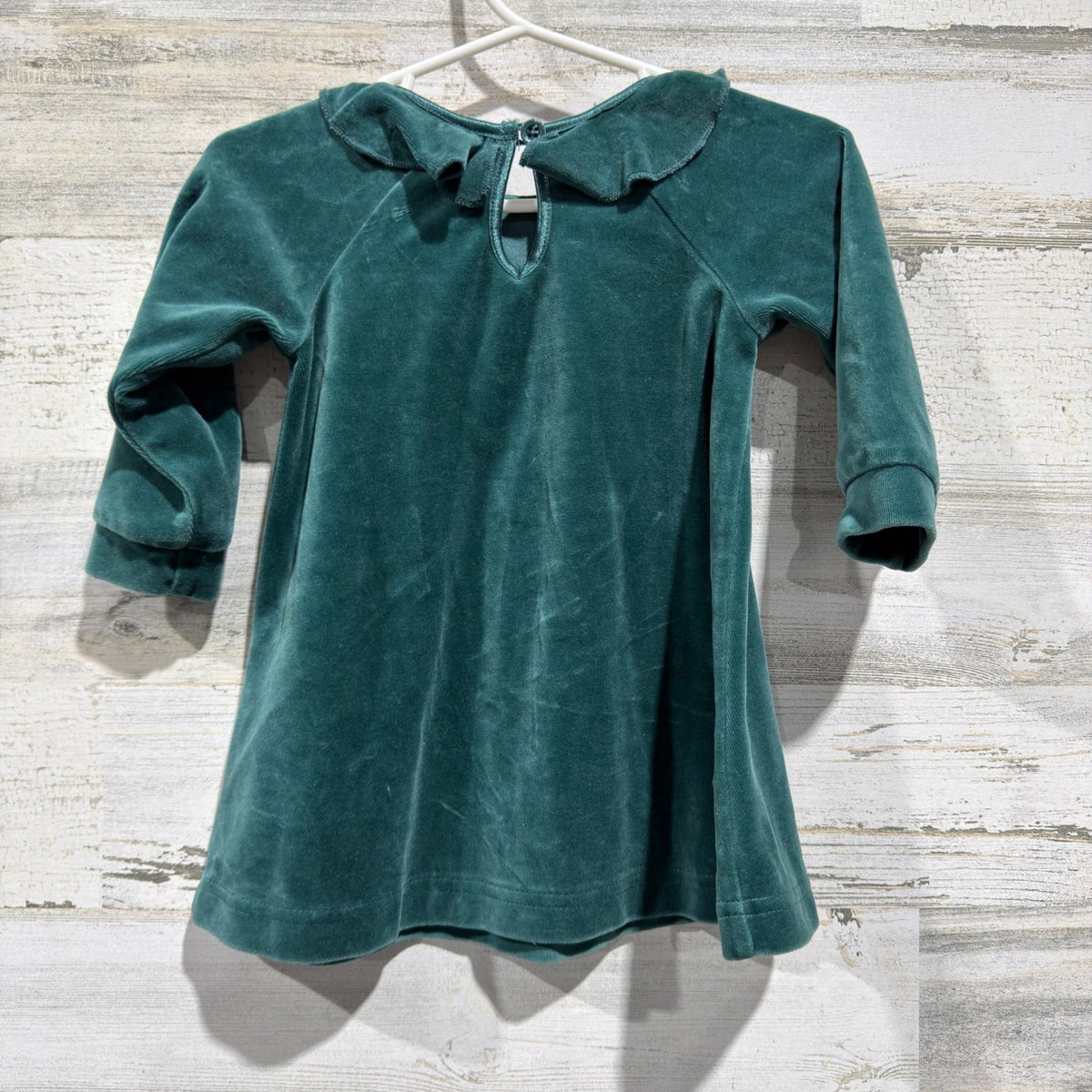 Hanna Andersson Velour Ruffle Dress Girls 6-12M Green Cotton Blend Holiday EUC3