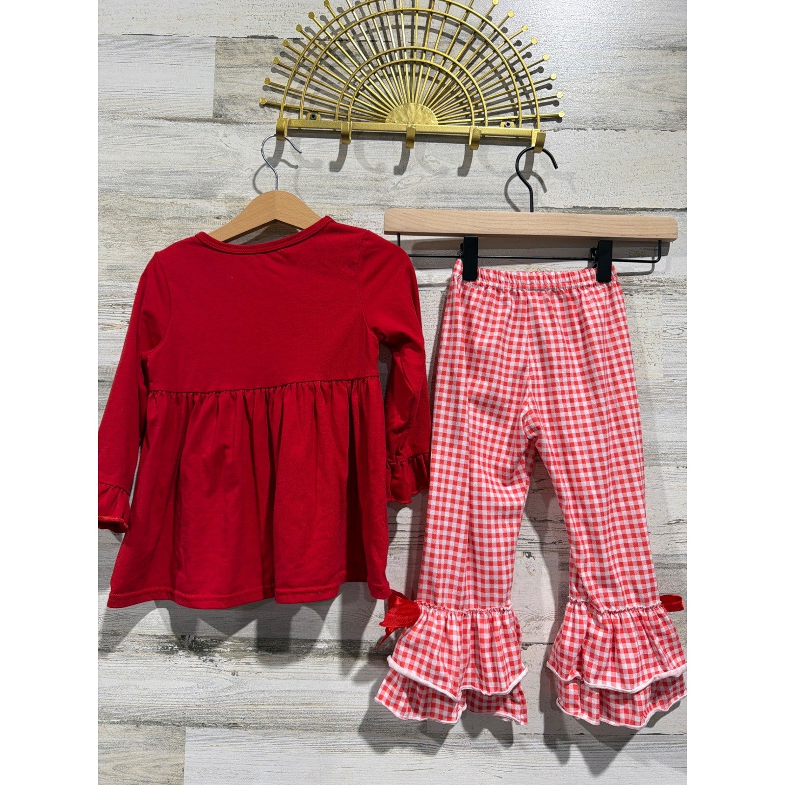 Boutique Gingerbread Smocked Outfit Girls 3 Red Gingham Ruffle Holiday EUC4
