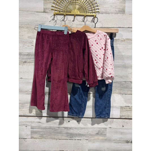 Cat & Jack Outfit Lot Girls 5T Pink Maroon Denim Hearts Velour Sparkle Bundle0