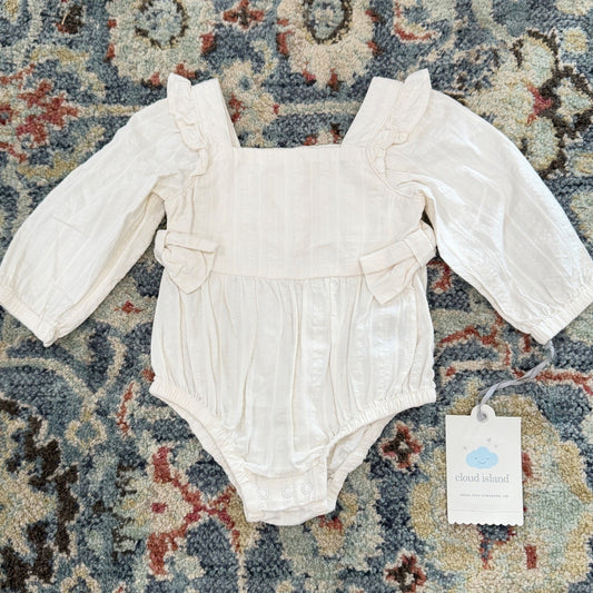 Cloud Island Romper Girls 0-3M White Ruffle Bow Dobby Cottagecore NWT0
