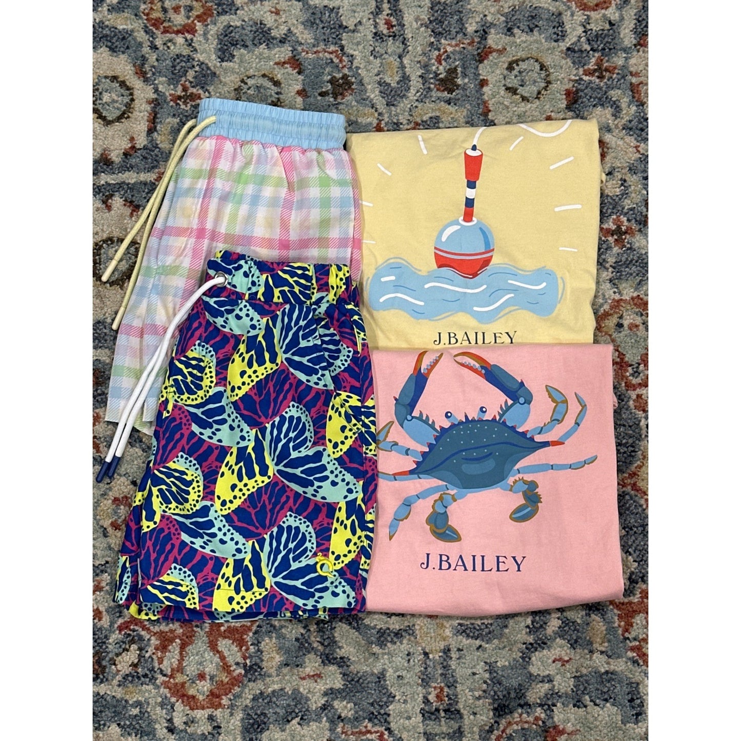 J. Bailey Swoon Baby Boys Size 7 Blue Pink Yellow Coastal Swim Tee Set EUC0