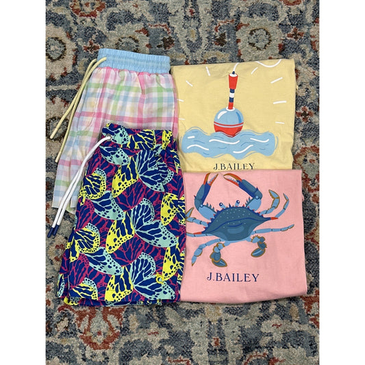 J. Bailey Swoon Baby Boys Size 7 Blue Pink Yellow Coastal Swim Tee Set EUC0