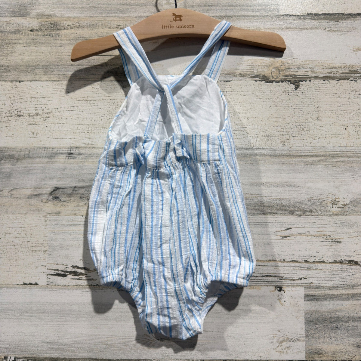 James & Lottie Seersucker Sunsuit Romper Baby 12M Blue White Striped Classic EUC2