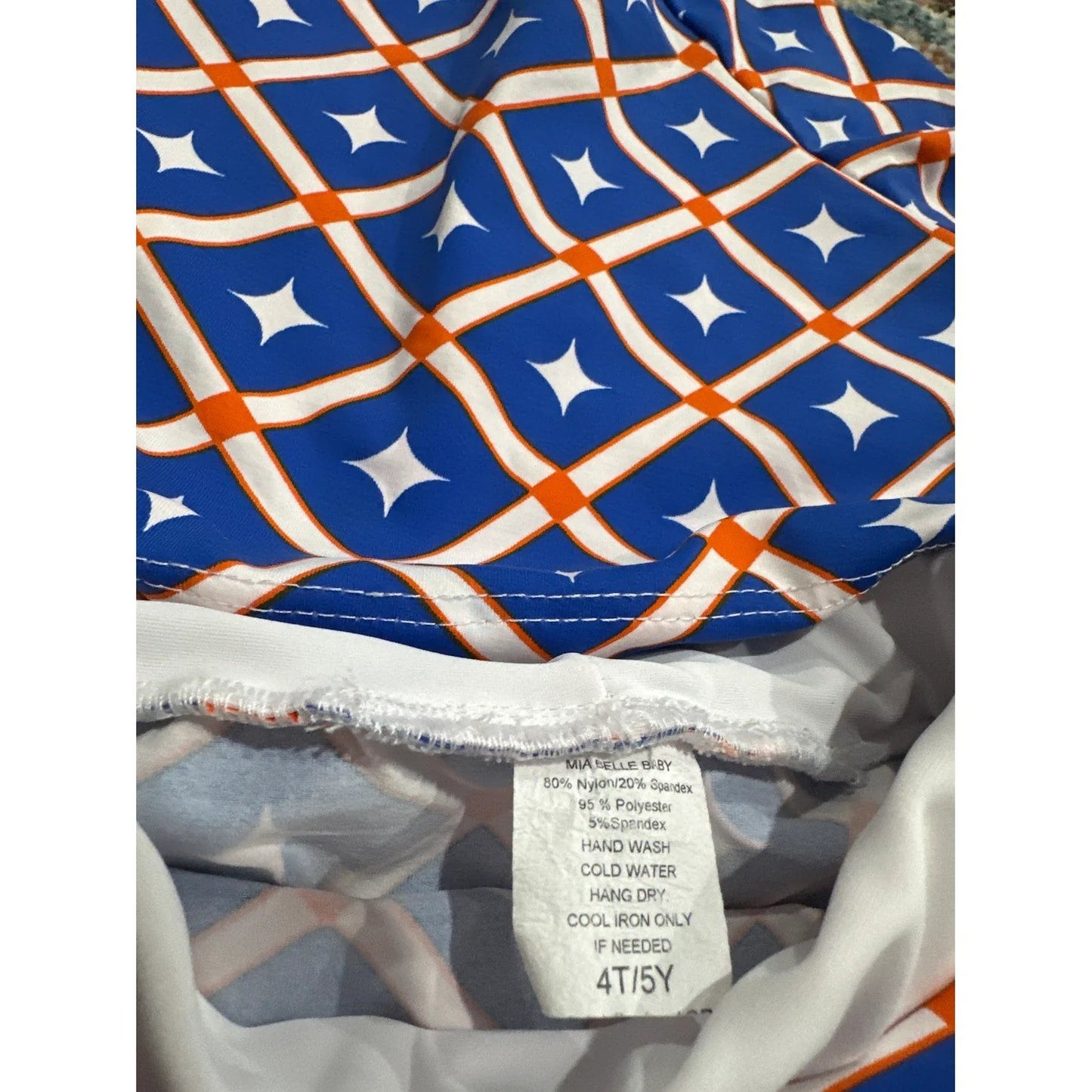 Mia Belle Swimsuit Girls 4T/5Y Blue Orange Geometric Rash Guard Skirt Set EUC1