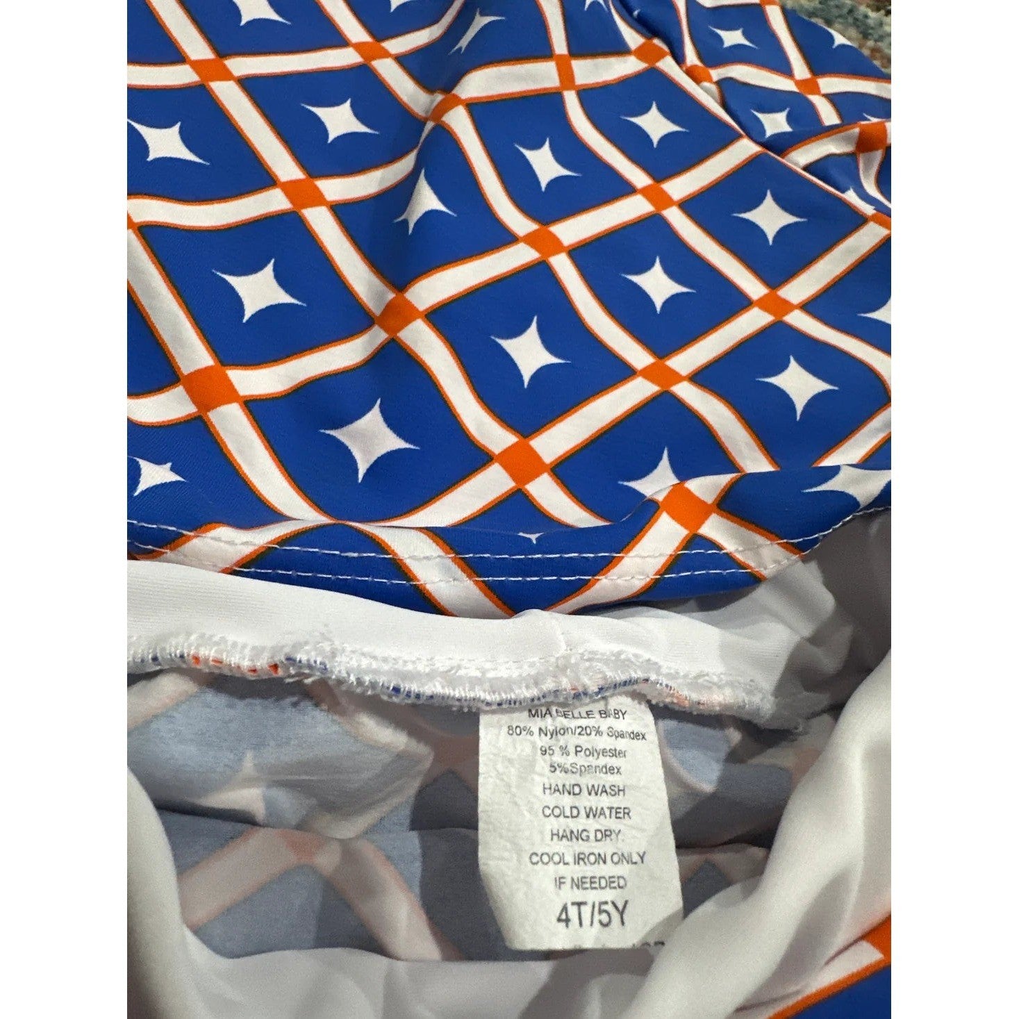Mia Belle Swimsuit Girls 4T/5Y Blue Orange Geometric Rash Guard Skirt Set EUC1