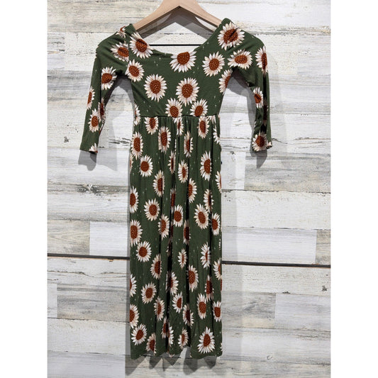 Kiki and Lulu Romper Girls 5T Green Sunflower Ribbed Bamboo Cottagecore EUC0