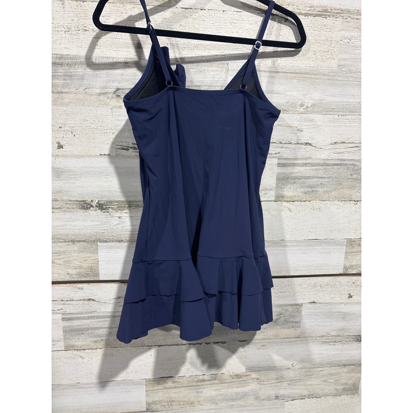 Lands End Swim Dress Women Size 10 Navy Blue Ruffle Surplice Coastal EUC1
