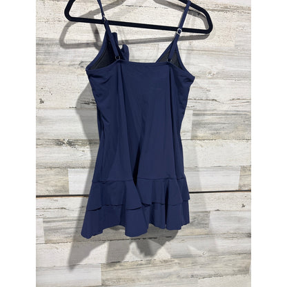 Lands End Swim Dress Women Size 10 Navy Blue Ruffle Surplice Coastal EUC1