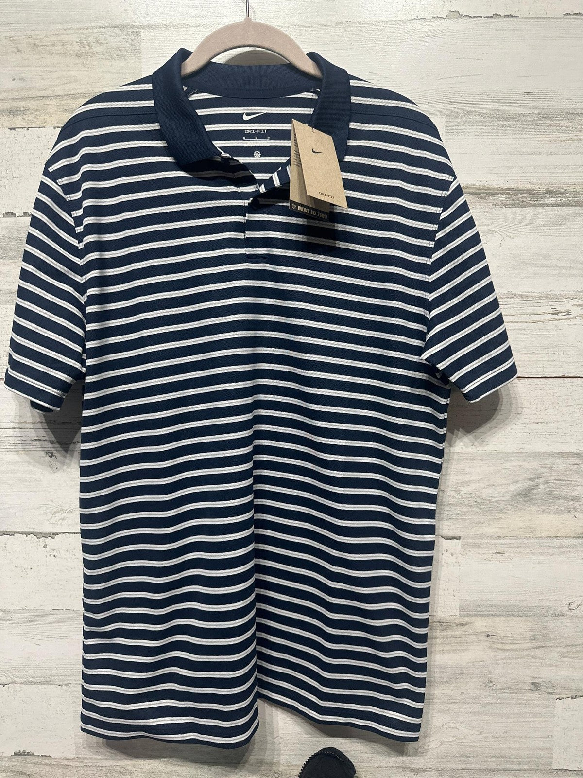 Nike Polo Shirt Mens Medium Navy Blue Striped Dri-FIT Short Sleeve NWT0