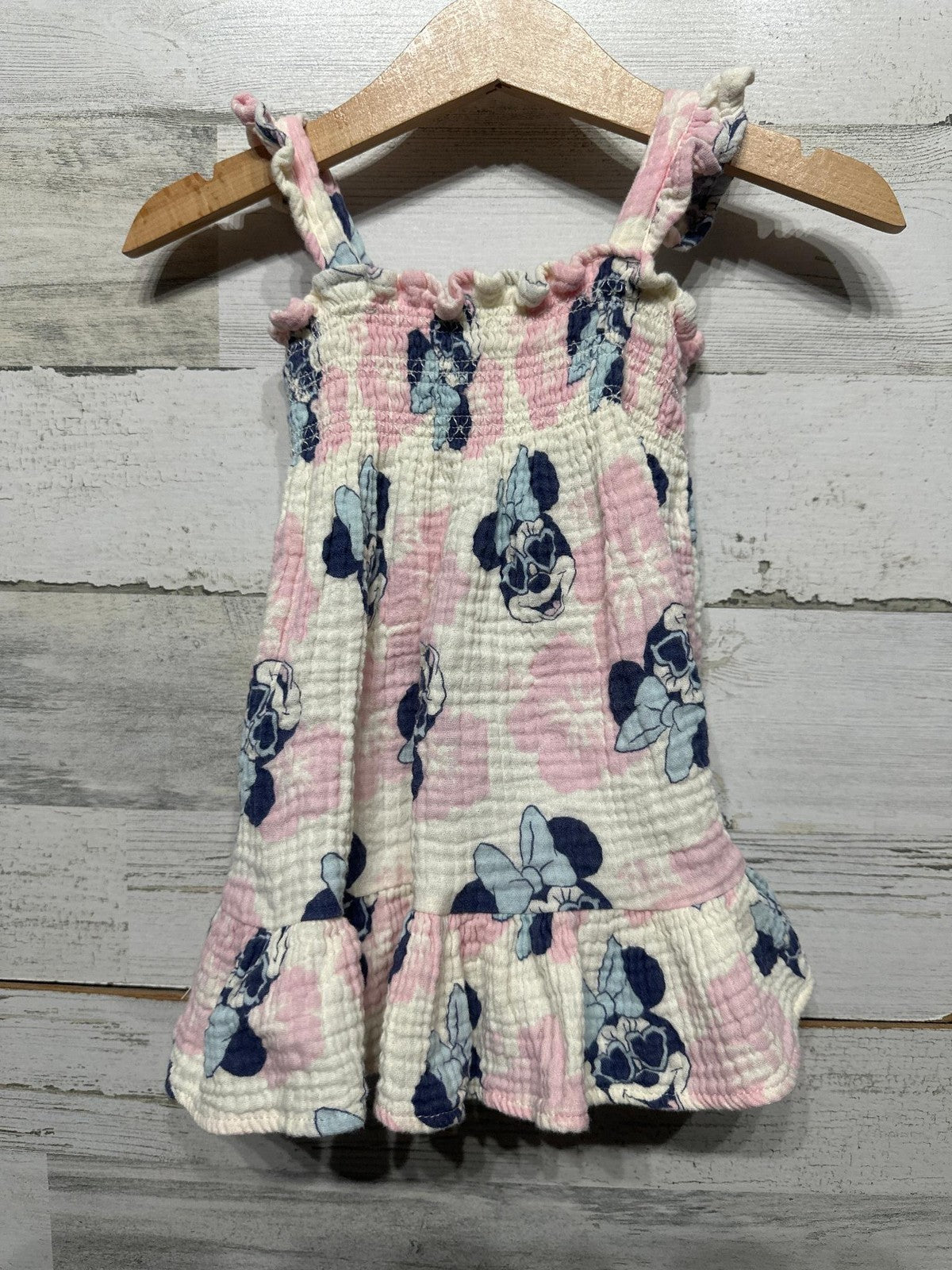 Disney Baby Minnie Mouse Dress Baby Girl 3-6M Pink Gauze Smocked Ruffle EUC0