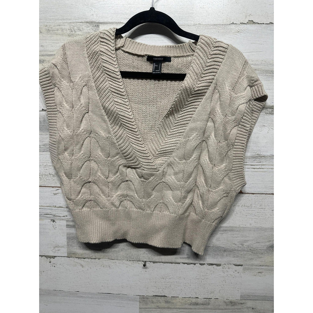 Forever 21 Sweater Vest Women Small Beige Cable Knit Cropped Preppy EUC0
