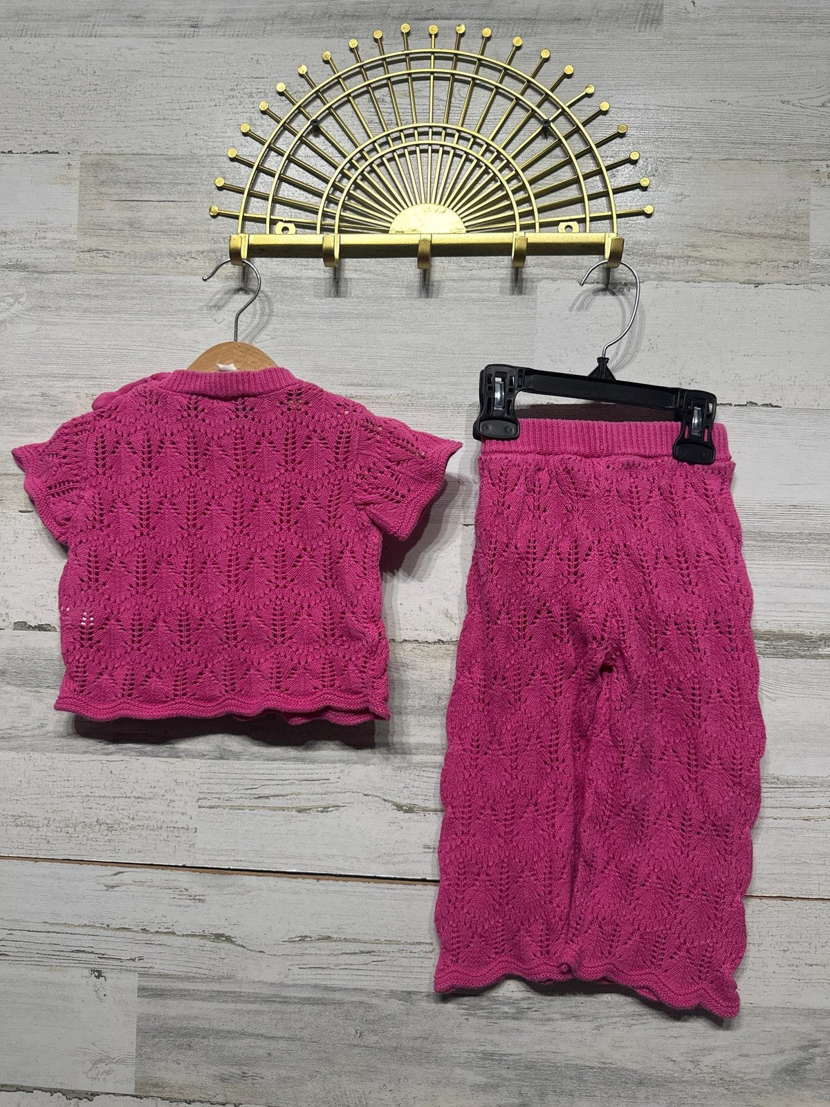 Jessica Simpson Pointelle Knit Set Girls 12m Hot Pink Scalloped Boho3