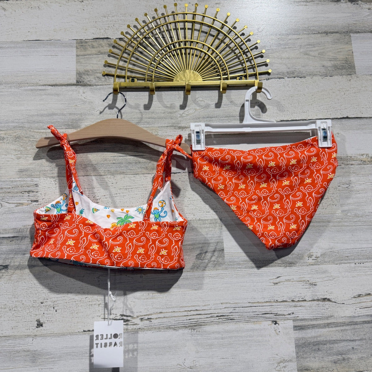 Roller Rabbit Reversible Bikini Girls Top 14/16 Bottoms 10/12 Orange Monkey5