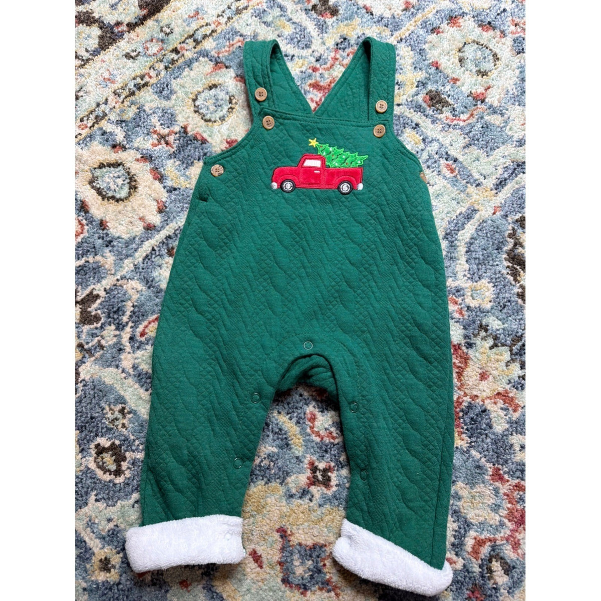 Baby Starters Quilted Overalls Boys 9M Green Red Truck Christmas Holiday EUC0