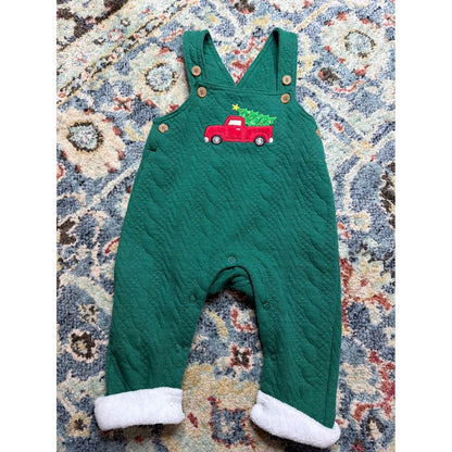 Baby Starters Quilted Overalls Boys 9M Green Red Truck Christmas Holiday EUC0