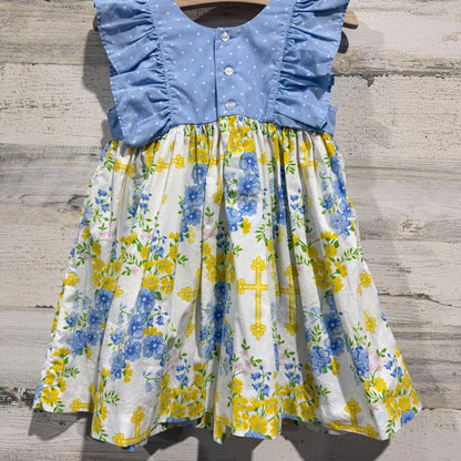 Eleanor Rose Lacey Dress Girls 3-4 Blue White Floral Cross Cotton Blend Boutique4
