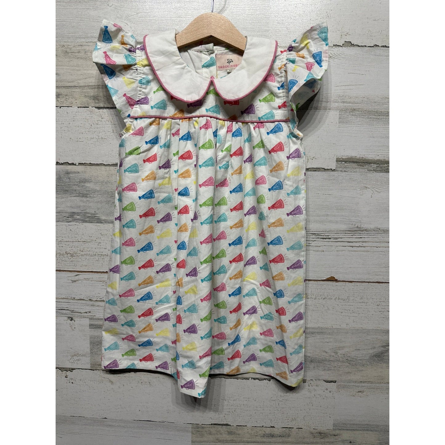Smockingbird Dress Girls 4T White Megaphone Cheer Flutter Sleeve EUC0
