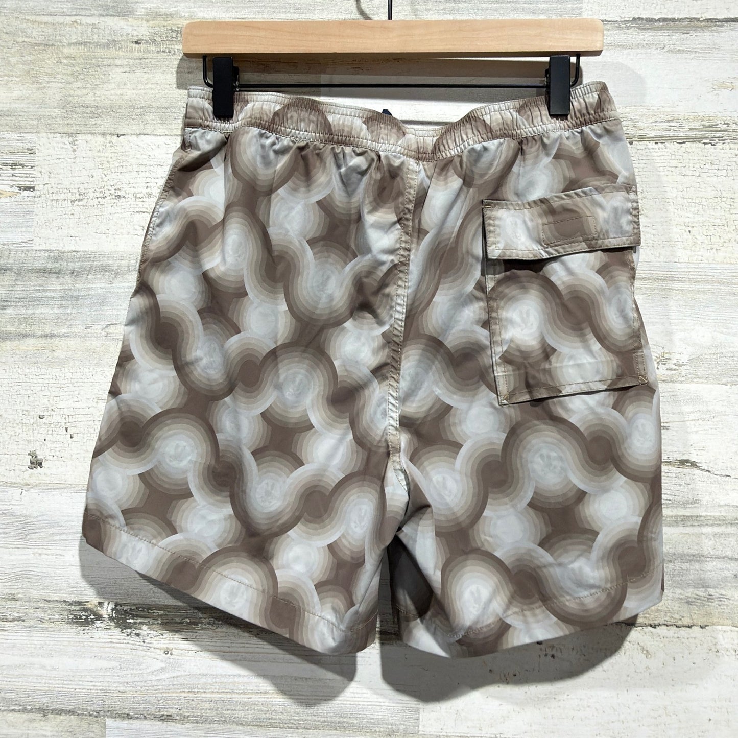 Psycho Bunny Swim Trunks Men Size S Brown Retro Wavy Pattern Beachwear *Flawed5