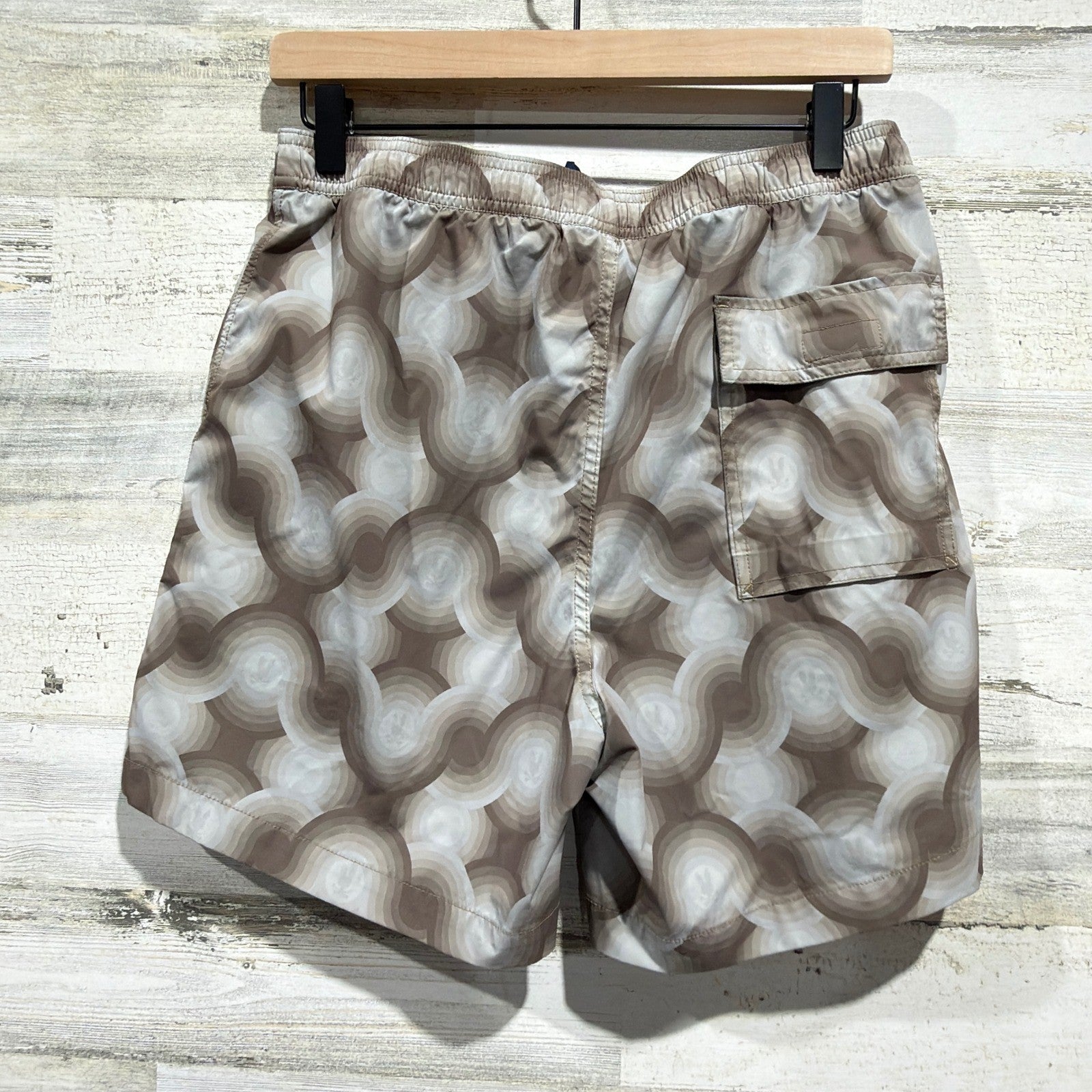 Psycho Bunny Swim Trunks Men Size S Brown Retro Wavy Pattern Beachwear *Flawed5