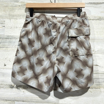 Psycho Bunny Swim Trunks Men Size S Brown Retro Wavy Pattern Beachwear *Flawed5