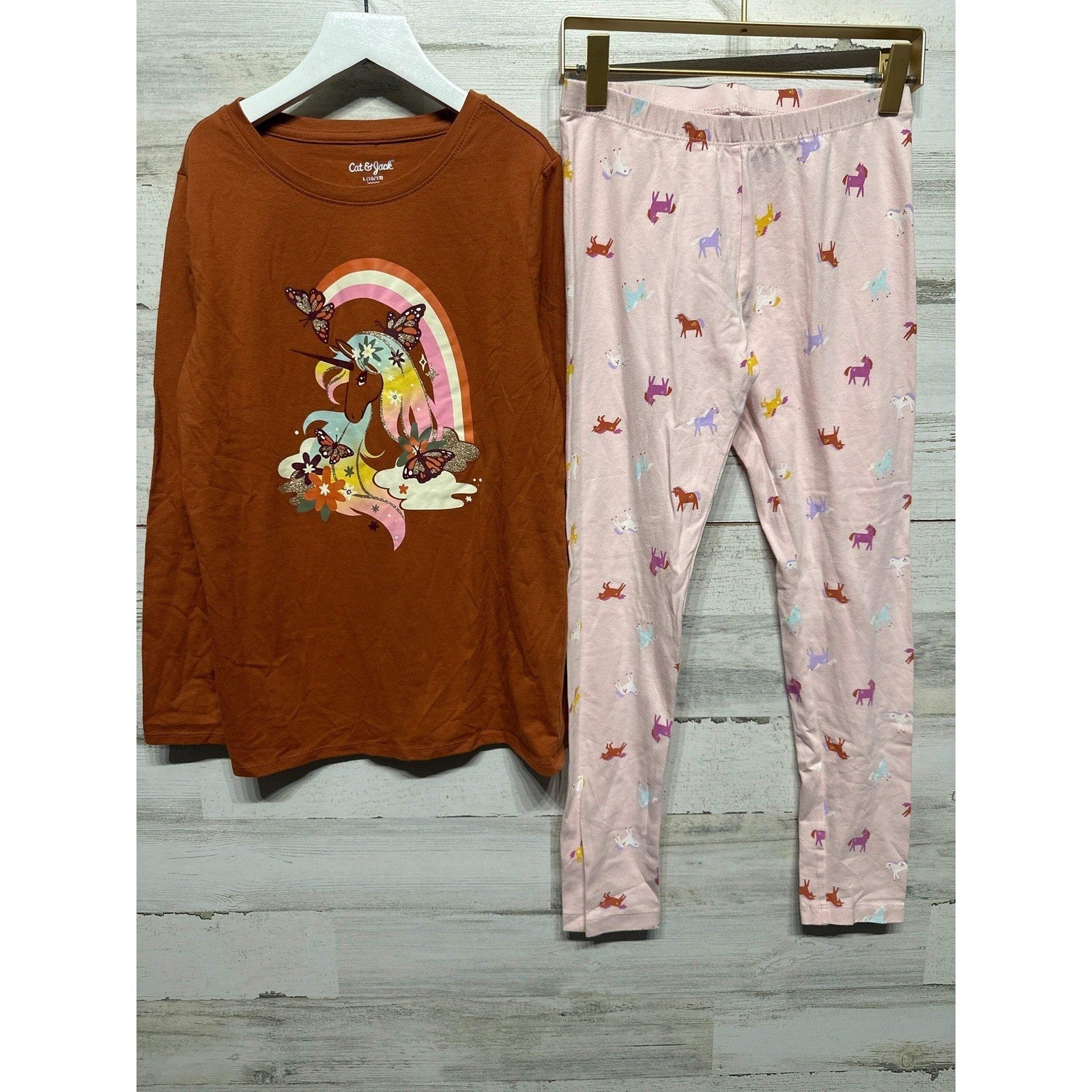 Cat & Jack Pajama Set Girls 10/12 Orange Pink Unicorn Rainbow Graphic0