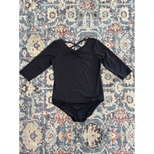 Danskin Leotard Girls 14/16 XL Black Criss Cross Back 3/4 Sleeve EUC0
