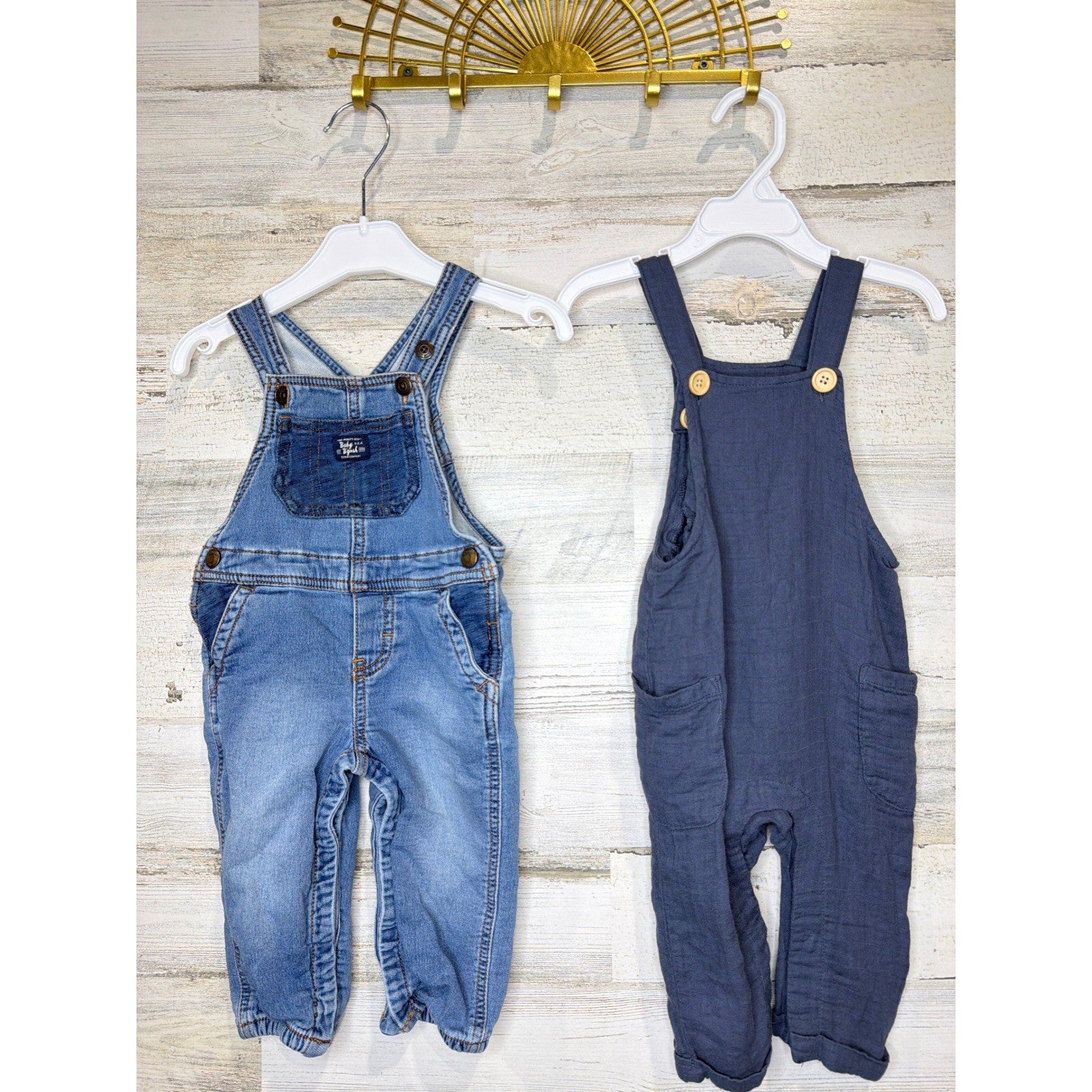OshKosh Scene and Heard Overalls Romper Bundle Boys 12M Blue Denim Gauzy EUC0