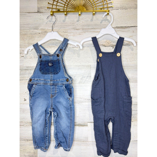 OshKosh Scene and Heard Overalls Romper Bundle Boys 12M Blue Denim Gauzy EUC0