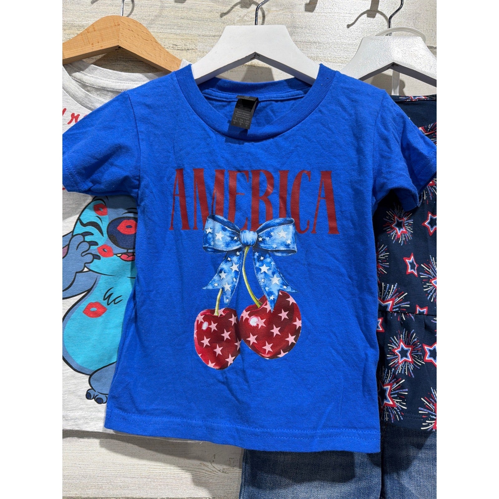 Disney Gildan Cat & Jack 4pc Bundle Girls 3T Blue Red Patriotic Stitch EUC1