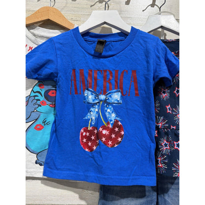 Disney Gildan Cat & Jack 4pc Bundle Girls 3T Blue Red Patriotic Stitch EUC1