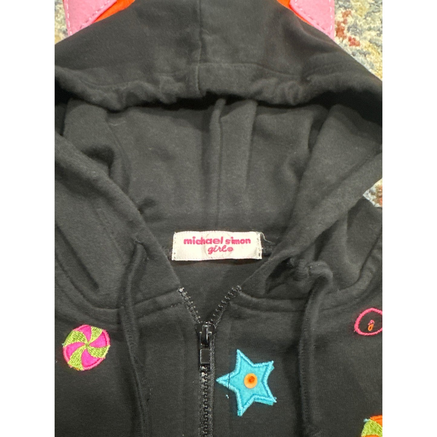 Michael Simon Hoodie Girls Size 5 Black Orange Cat Ear Star Candy Applique EUC1