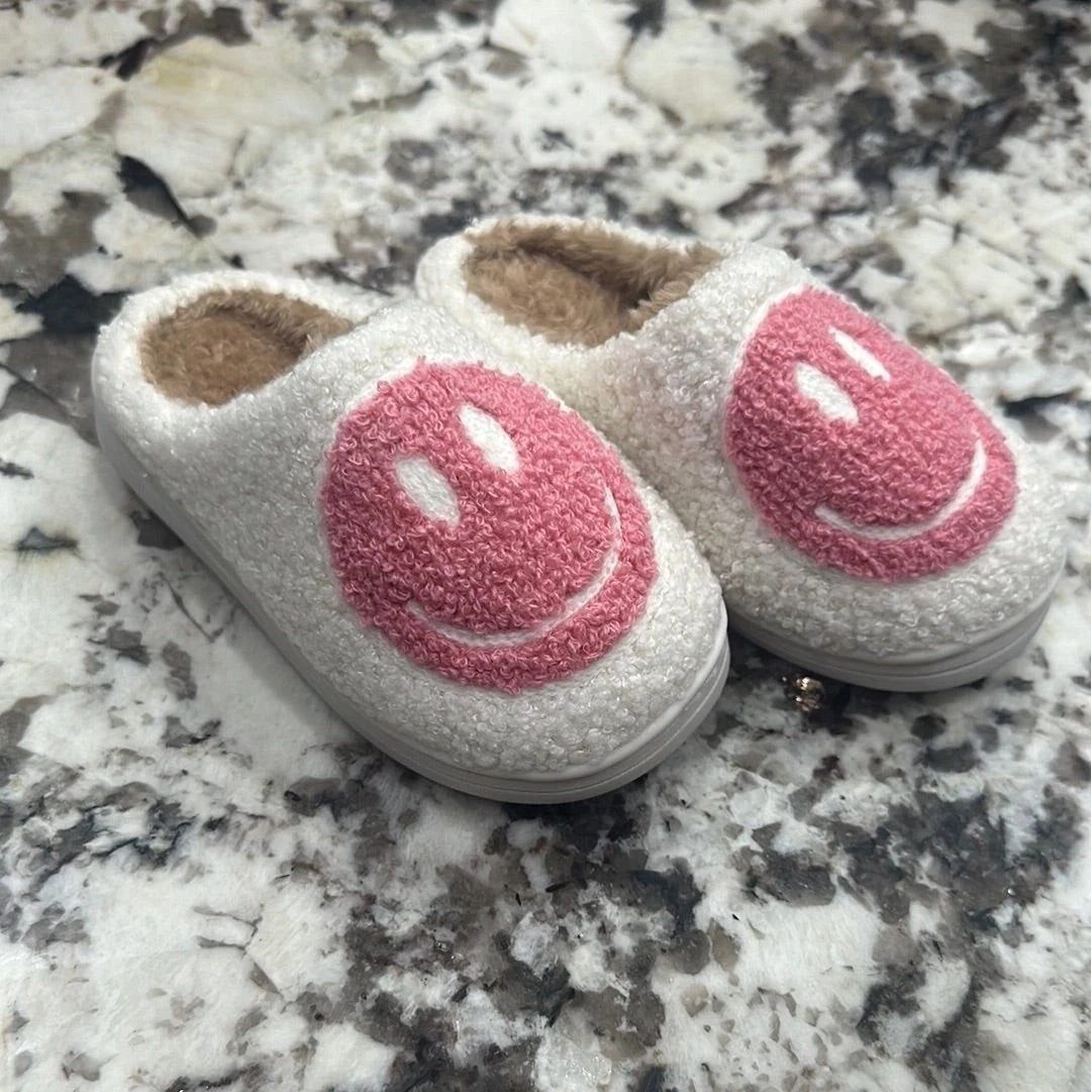 Smiley Face Slippers Toddler Girl Size 11.5-12 White Pink Fuzzy Slides NEW2
