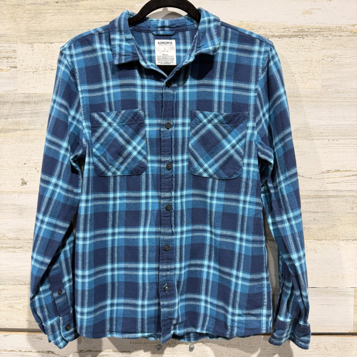 Sonoma Flannel Shirt Boys L Blue Plaid Button Down Fall Winter EUC0
