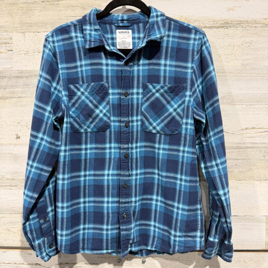 Sonoma Flannel Shirt Boys L Blue Plaid Button Down Fall Winter EUC0