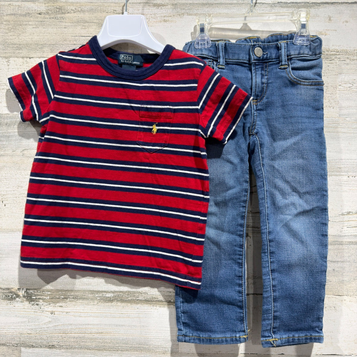 Polo Ralph Lauren & Gap Outfit Boys 3T Red Blue Striped Shirt Jeans Preppy EUC0
