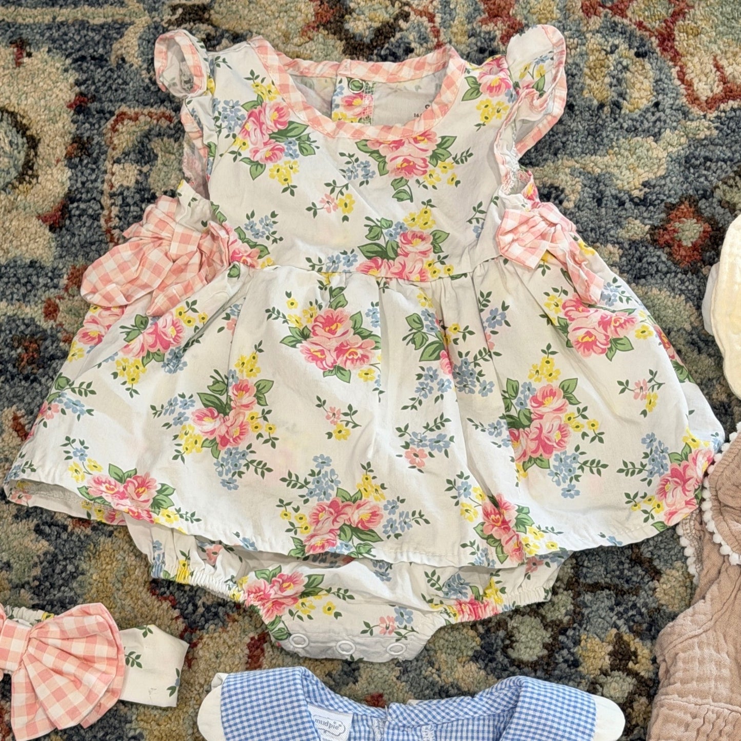 Mud Pie Baby Starters Romper Lot Girls 6-9M Floral Gingham Gauze EUC1