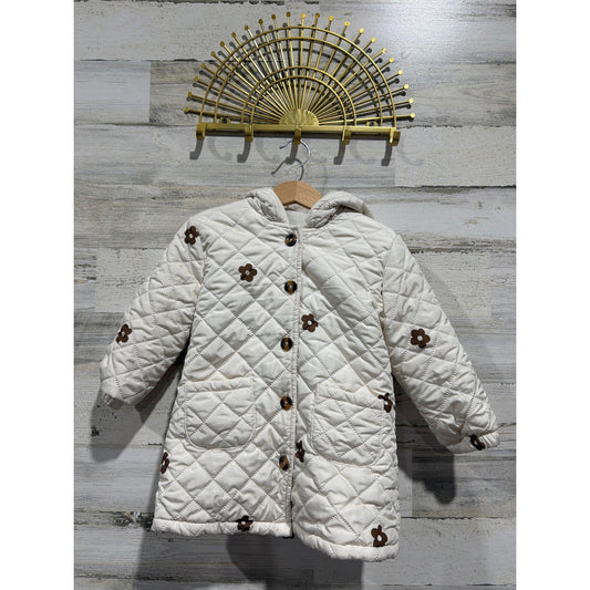 Quilted Hooded Jacket Fits 2T-4T Cream Floral Cottagecore EUC0