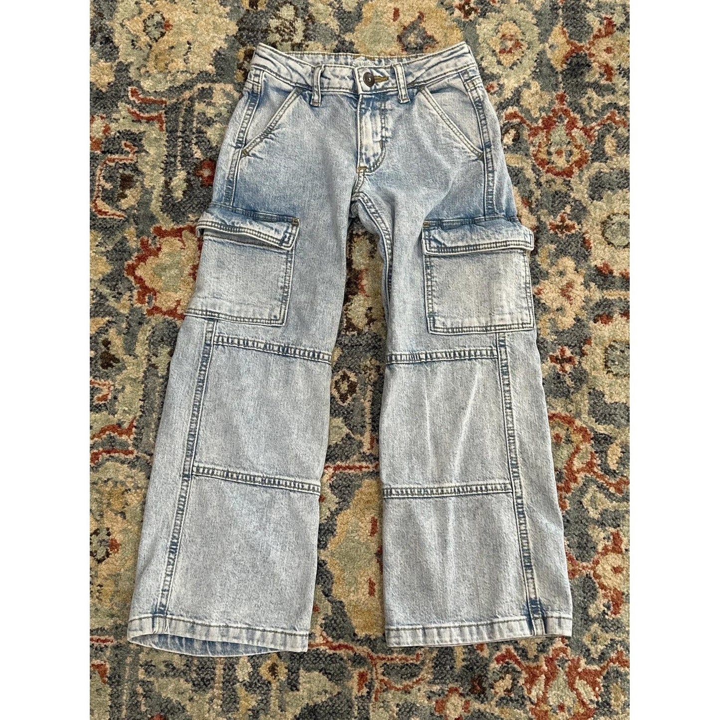 Art Class Cargo Jeans Girls 6 Light Wash Wide Leg Utility Y2K *Flawed*0