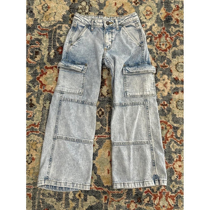 Art Class Cargo Jeans Girls 6 Light Wash Wide Leg Utility Y2K *Flawed*0