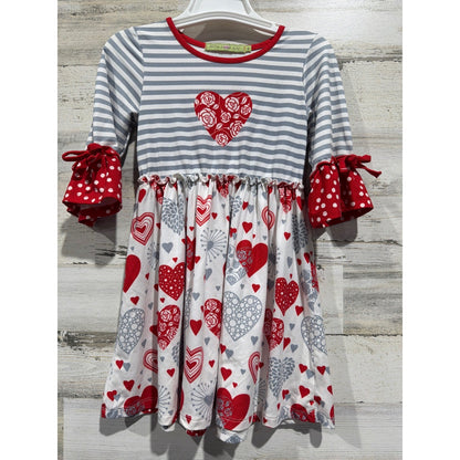 Millie Loves Lily Dress Girls 5 Red Gray Heart Stripe EUC0