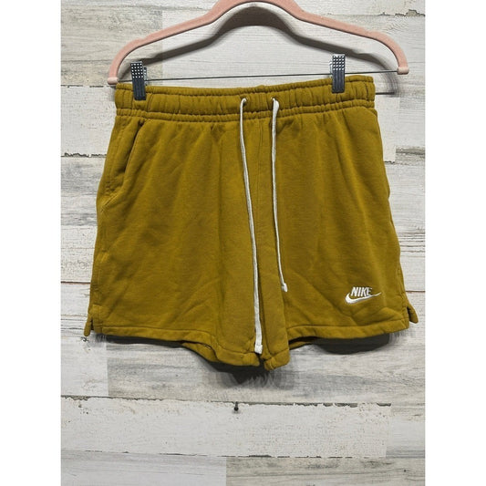 Nike Fleece Shorts Men Small Mustard Yellow Embroidered Logo Drawstring EUC0
